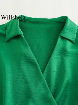 Willshela נשים אופנה ירוק עם קפלים בצד רוכסן שמלת מיני הבציר V-צוואר שרוולים ארוכים נקבה שיק שמלות ליידי
