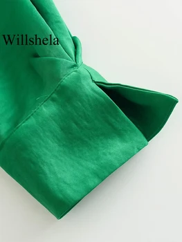 Willshela נשים אופנה ירוק עם קפלים בצד רוכסן שמלת מיני הבציר V-צוואר שרוולים ארוכים נקבה שיק שמלות ליידי