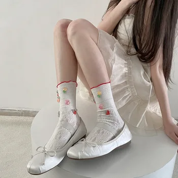 Y2k בנות מתוקות גרביים ארוכות לוליטה Kawaii חמוד פירות רקמה מצחיק גרביים נשים חלול החוצה לנשימה רשת רשת תחרה גרביים