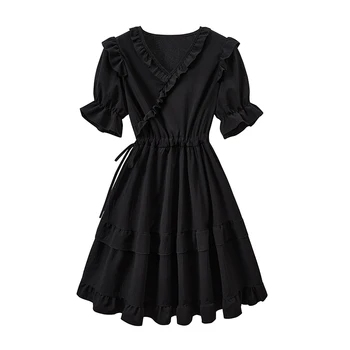 Yanling בסגנון צרפתי V-צוואר שמלה של נשים קיץ חדשות חוש עיצוב נישה מזג הפבורן סגנון שמלה שחורה קטנה