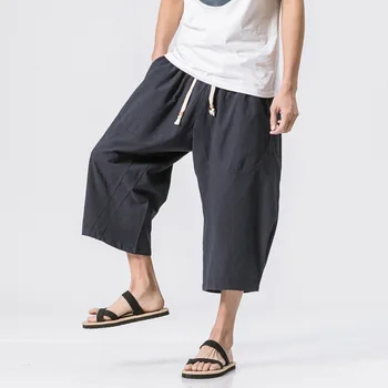 Yourqipao בסגנון סיני קיץ גברים מכנסי פשתן 2023 רחב הרגל מכנסיים זכר טיפה המפשעה HipHop רצים עגל-LengthTrack שאיפה