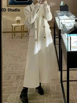 [ZD סטודיו] קוריאני סגנון מעיל צמר לנשים לבן דש כפול עם חזה הרבה בגדים 2023 סתיו חורף חדשה