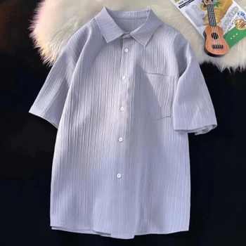 Zoki Bf קרח משי פסים אנכיים חולצות נשים קיץ, שרוול קצר הצווארון להנמיך כל התאמה גג רופף אופנה מזדמן החולצה