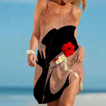 אופנה הדפסה סקסי רצועת תחרה ללא משענת שמלת מיני אלגנטית לנשים O-צוואר מזדמן בוהו החופשה החוף 2023 הקיץ