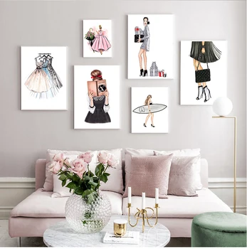 אופנה ילדה פינק ליידי שמלת פרח שקיות קיר אמנות בד הציור נורדי פוסטרים, הדפסת תמונות קיר הסלון עיצוב