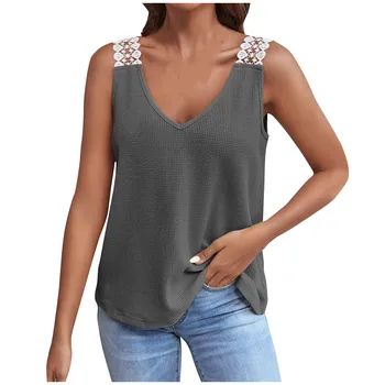 אישה אלגנטית, חולצה מזדמן חולצה V-צוואר העליון מוצק צבע תחרה ללא שרוולים כתפיות קצרה שרוול סוודר עבור נשים אפוד