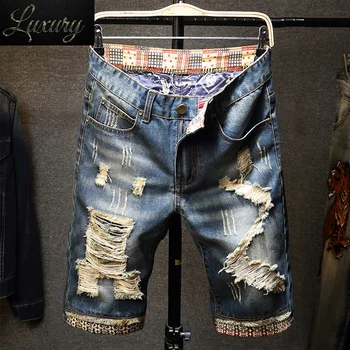 אנשים חדשים בציר קרע bermudas ג ' ינס קצר הקיץ אופנת רחוב היפ הופ זכר מזדמן חורים ישר דנים בתוספת גודל 40