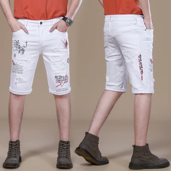 אנשים של קיץ מכנסי ג 'ינס מכנסיים קרועים היפ הופ לבן סלים מתיחה גבוה במצוקה טלאים זכרים מכנסי ג' ינס קצרים הבלוי רקמה