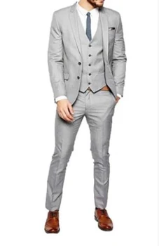 אפור בהיר גברים 3Pcs חליפות בלייזר מכנסיים בהזמנה אישית Terno ללבוש למסיבה החתן החתונה מותאמת אישית Masculino(ז ' קט+מכנסיים+אפוד+Tiebow)