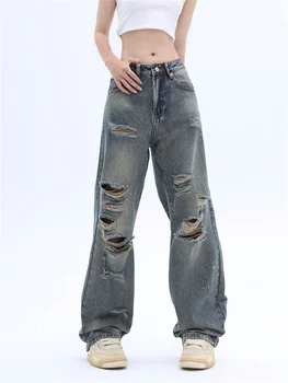 באגי קרע ג 'ינס נשים רחב הרגל היפ הופ אופנת רחוב Y2k בסגנון מכנסי ג' ינס סתיו אופנה רחוב משוחרר להרוס חורף מכנסיים
