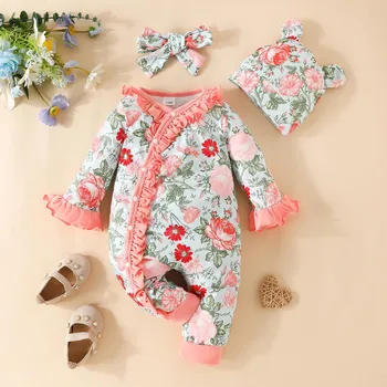 בגדי תינוקות אביב סתיו ילדה Rompers פרחוני הדפסה קפלים יחיד בעלות שרוול ארוך לתינוק Rompers התינוק סרבלים 0-18M
