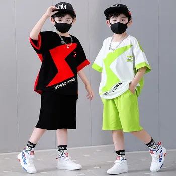 בגדים של בנים להגדיר 2023 קיץ לילדים אופנה הדפס שרוול קצר קצרים בינוני 2 יח ' סט 3-12Y 2023
