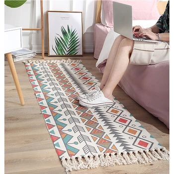 בוהמיה סגנון אתני כותנה פשתן רך שטיח עבודת יד ציצית השטיח בסלון ליד המיטה שטיח הרצפה משטח הביתה בוהו קישוט