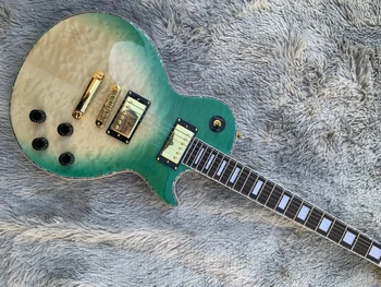 במלאי ירוק בצבע טבעי LP גיטרה חשמלית, גוף מהגוני עם מרופד מייפל טופ אנו יכולים להתאים את הגיטרה