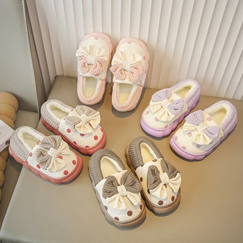 בנות כותנה נעלי קשת לסרוג חמוד מנוקדת ילדים 2023 חורף חדשים אנטי להחליק ילדים חמודים האופנה הנסיכה החדשה מקורה נעלי בית