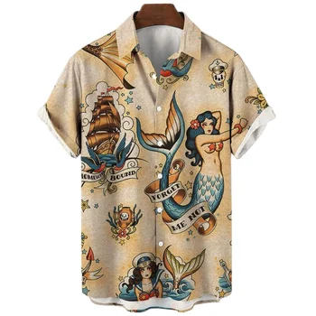 בת ים דגים גרפי חולצות לגברים ביגוד מודפס 3D החוף הוואי חולצות שרוול קצר y2k מקסימום בגדים קלאסיים דש החולצה