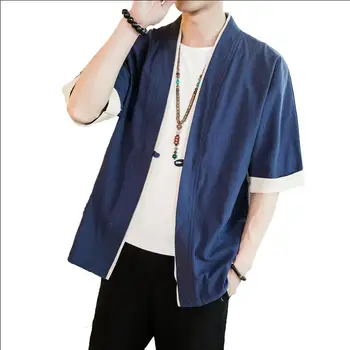 בתוספת גודל 5XL 4XL הסינית מסורתית בסגנון קימונו חולצות גברים סתיו ארוך שרוול חולצה אופנה אופנת רחוב יפנית החולצה מזדמן