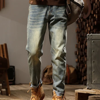 ג 'ינס של גברים ג' ינס מוצרים כבד שטף הסתיו-חורף החדשה אמריקן וינטג ' צהוב בוץ חופשי מכנסיים אלסטיים