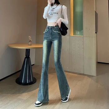 ג ' ינס של נשים סתיו בגדים 2023 חדש רטרו Yk2 מכנסיים כחולות גבוהה המותניים דקים של נשים פרווה קצה התלקח מכנסיים משלוח חינם