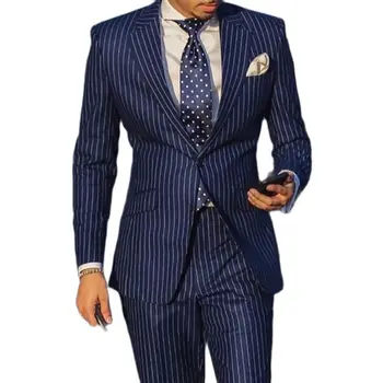 גברים חליפת פסים כחול כהה 2 חתיכה Slim Fit עסקים החתן החתונה טוקסידו מותאם אישית רזה הנשף כפתור אחד הז ' קט עם מכנסיים ערכות