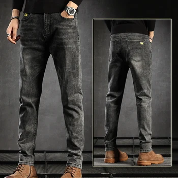 גברים מכנסיים אופנתיים גודל גדול חדש גבוהה אלסטי קטן, מטר הג ' ינס שחור אפור רזה אלסטי ארוך.