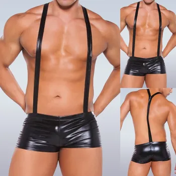 גברים של עור Suspender מכנסי עור סקסי תחתוני בוקסר לגברים זמן סרבל מכנסיים