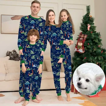 דינוזאור הדפסה חג המולד פיג ' מה כחולים חג המולד Pijamas עבור הכלב המשפחתי להגדיר ירוק חמוד החורף הלבשת לילה, אמא בן בייבי תלבושות
