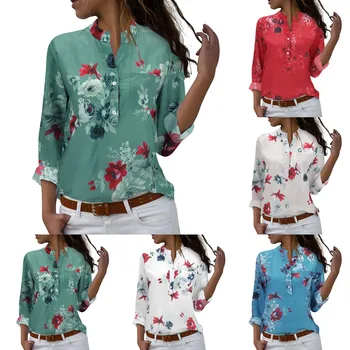 האביב והסתיו חולצות & חולצות לנשים אופנה 2023 שרוול ארוך בודד עם חזה החולצה Blusas פרחוני הדפסה מקסימום Camisas