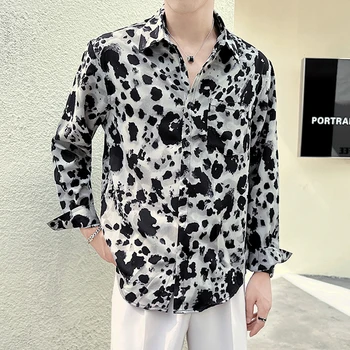 האופנה החדשה של הגברים נמר מודפס החולצה באיכות גבוהה יחיד בעלות שרוול ארוך קוריאנית חולצות גברים מועדון Camisa חברתית Masculinas