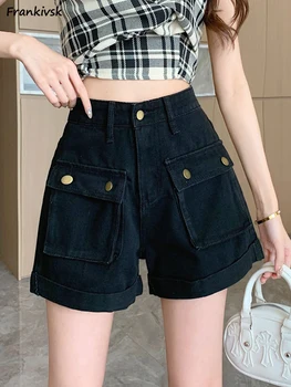 האזיקים מכנסי ג ' ינס קצרים נשים קיץ בסגנון יפני משוחרר כיס מוצק גבוהה המותניים אופנתי רטרו אופנת רחוב אלגנטי קו-Harajuku