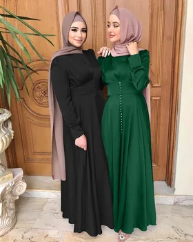 המוסלמים השמלה נשים חיג ' אב חולצה שמלה אלגנטית סאטן משובץ המוסלמים Abaya שרוול ארוך Vestidos נקבה כפתור החלוק אישה