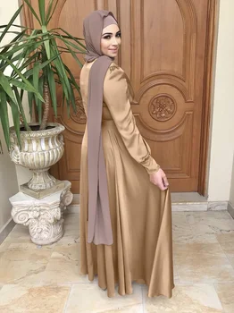 המוסלמים השמלה נשים חיג ' אב חולצה שמלה אלגנטית סאטן משובץ המוסלמים Abaya שרוול ארוך Vestidos נקבה כפתור החלוק אישה