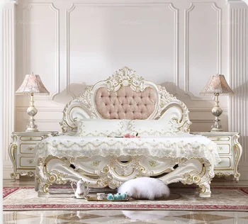 המלוכה הצרפתית ריהוט יוקרה מגולף וצבוע מיטה זוגית האירופי מיטה 1.8 הנסיכה המיטה
