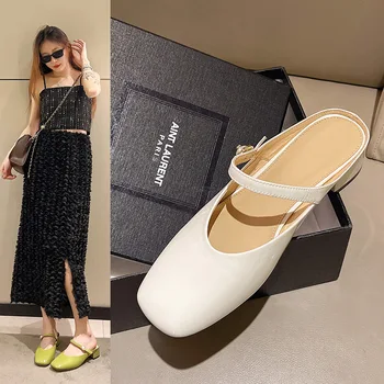 הקיץ החדש חצי Baotou נעלי נשים עור לכה מבריק תחתית שטוחה עקב נמוך מזדמן קל נעלי Q-K45