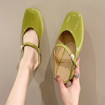 הקיץ החדש חצי Baotou נעלי נשים עור לכה מבריק תחתית שטוחה עקב נמוך מזדמן קל נעלי Q-K45