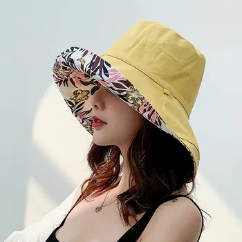 הקיץ הנשי שמש כובעים דו-צדדיים לביש דייג כובעי אקריליק 56-58cm הדפסים פרחוניים גדולים אפס מקום נופש שמשיה