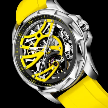 הרכש החדש Parnis 43mm צהוב חיוג גברים השעון ספיר קריסטל רצועת גומי אוטומטיים מכאניים שעונים העליון מותג יוקרה 2023