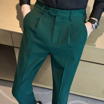 וופל עיצוב מזדמן סט מכנסיים 2023 הסתיו/חורף של גברים אלסטי המותניים רשמית קלאסי מכנסיים ירוק שחור לבן מכנסיים Slim Fit
