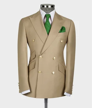 חאקי חליפות גברים Slim Fit 2 יצירה קלאסית מוצק צבע כפול עם חזה בלייזר עבור החתונה החתן השושבינים בגדים בהזמנה אישית סטים