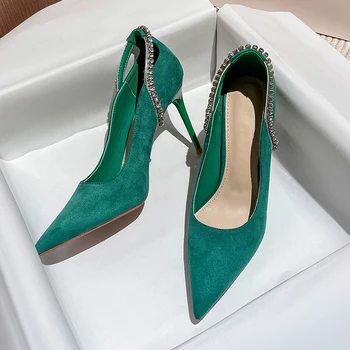 חדש Flashion קריסטל דק עקבים משאבות נשים האביב להחליק על העדר עקבים גבוהים נעלי אישה מחודד בוהן ריינסטון מפלגת הירוקים נעליים