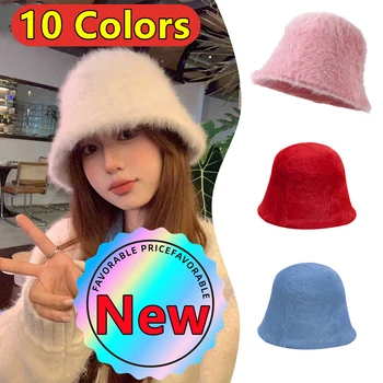 חדש ארנב רך דלי כובע פשוט צבע אחיד בפלאש החורף חמים דייג כובע נשים בנות סתיו חיצונית מקרית כובעים כובעי פנמה