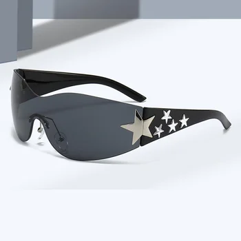 חדש בחתיכה אחת ללא שפה y2k משקפי שמש לגברים נשים פאנק גוגל אופנתיים מגן משקפי שמש משקפי 3D חמישה כוכבים Rhinestones UV400