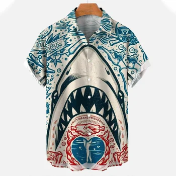 חדש לגברים חולצה 3D להדפיס בעלי החיים אופנה בגדי כפתור קצרה עם שרוולים דש רחוב ללבוש של גברים הוואי כריש החולצה