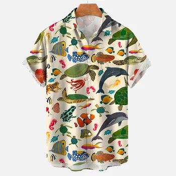 חיות ים גרפיים, חולצות לגברים ביגוד הדפסת 3D החוף הוואי חולצות שרוול קצר y2k מקסימום בגדים קלאסיים דש החולצה