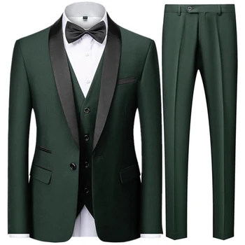 חליפה של גבר בלייזר ירוק Terno אלגנטי ז ' קט מכנסיים וסט שלוש פיסת הצעיף השחור דש רשמית החתן החתונה תחפושת Slim Fit