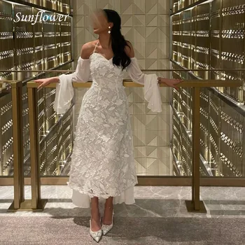 חמניות לבן מתוקה נשף שמלות ארוך השרוול קו A-שמלת ערב סלים שמלה למסיבת 2023 אפליקציות שיפון High-end מותאם אישית