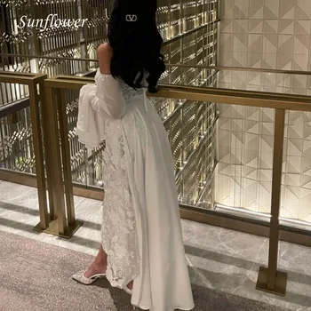 חמניות לבן מתוקה נשף שמלות ארוך השרוול קו A-שמלת ערב סלים שמלה למסיבת 2023 אפליקציות שיפון High-end מותאם אישית