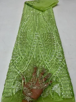 חרוזים לבנים תחרה בד כלה עבור החתונה שמלה באיכות גבוהה ניגריה טול רשת רצף חומר 2023 עבודת יד, חרוזי קריסטל