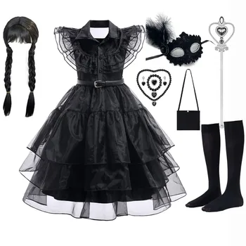 יום רביעי Cosplay הבגדים על הילדה הקטנה ליל כל הקדושים תחפושות לילדים אדאמס Disfraz לתינוק שחור צד שמלות