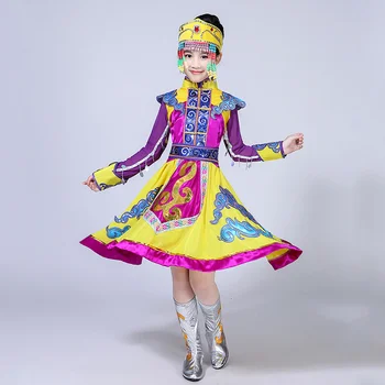 ילדה צהוב מונגוליה השמלה על הבמה הסינית תחפושת הילד המונג בגדי ריקוד ילד הריקוד המסורתי ללבוש תלבושת